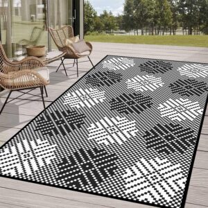 Outdoor Rug Waterproof Lightweight Foldable Plastic Reversible Mat (180x120cm - Black & White)